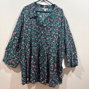 Plus Size 3X Green Floral Tunic Top Button Front Fall Rayon Blouse Woman Within